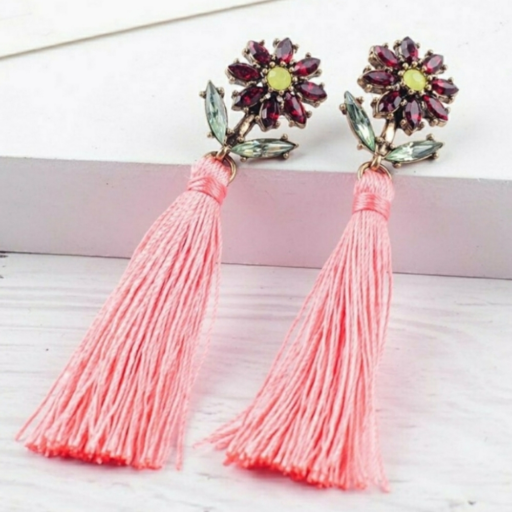 Pink Tassel CZ Flower Drop Earrings
